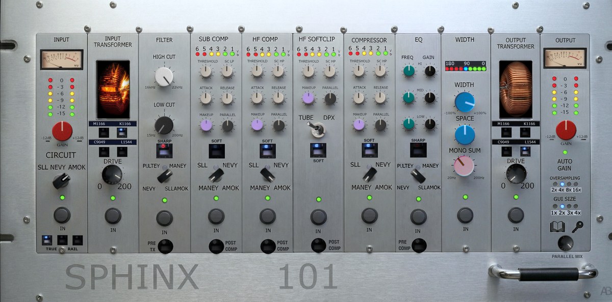Sphinx 101 analog console plugin — Amok all-tube circuit interface with VU meters and drive controls
