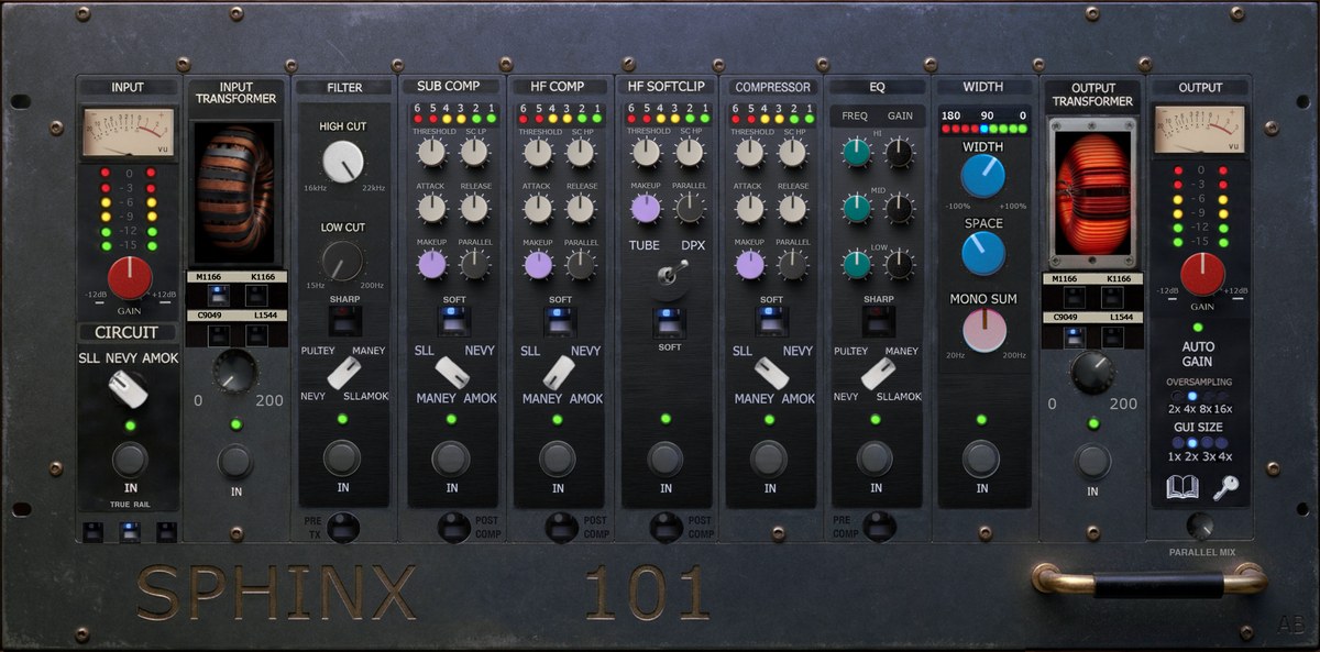 Sphinx 101 analog console plugin — Nevy transformer-coupled skin with identical control layout