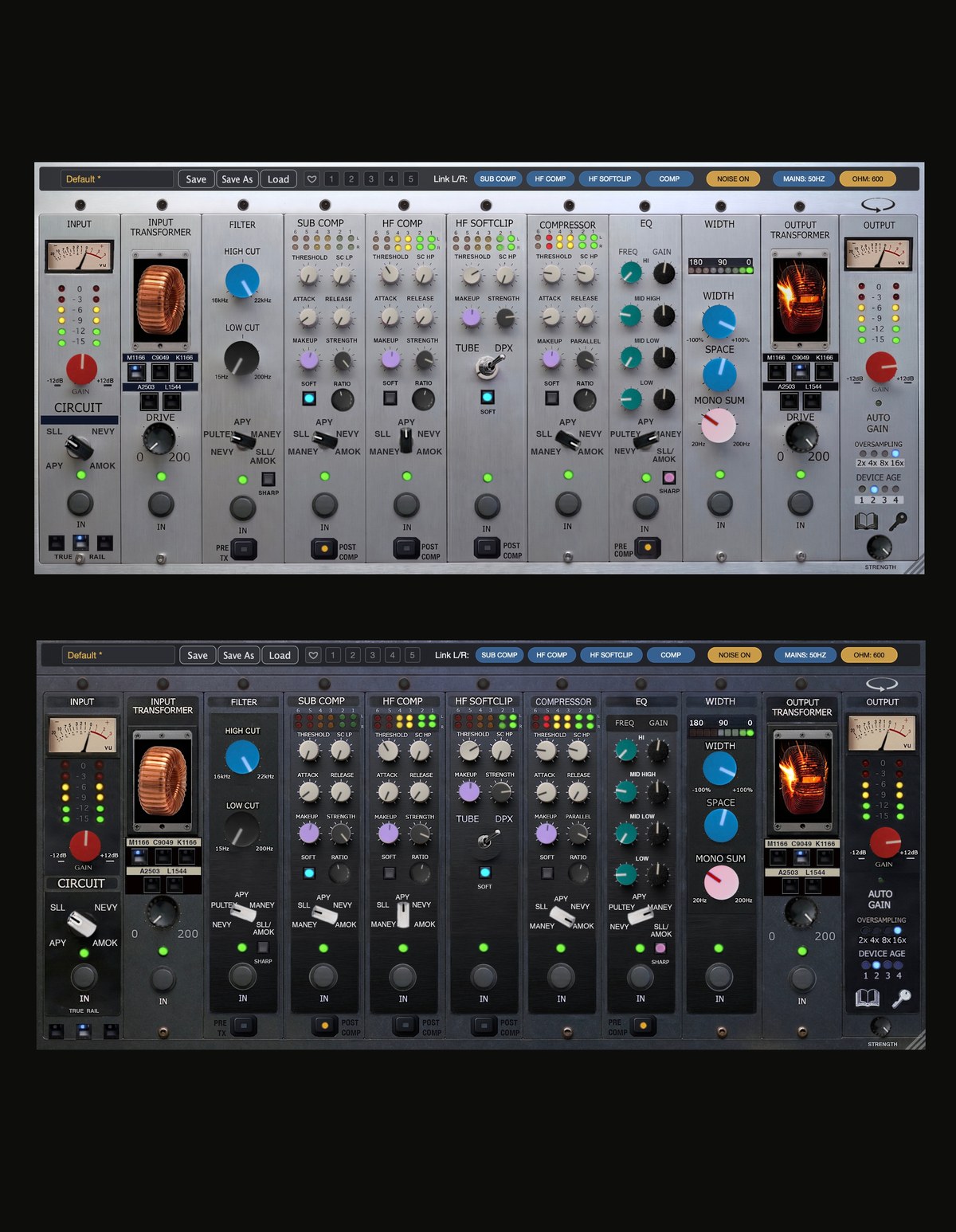 Sphinx 101 analog master bus plugin - Amok and Nevy skins, circuit-level mastering processor