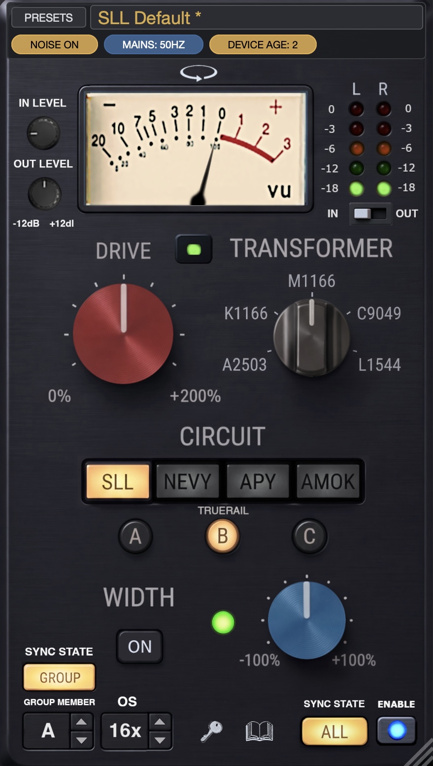 Sphinx Channel plugin - Nevy dark skin with VU meter, drive, transformer, circuit, and width controls